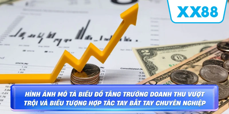 Hình ảnh mô tả biểu đồ tăng trưởng doanh thu vượt trội và biểu tượng hợp tác tay bắt tay chuyên nghiệp